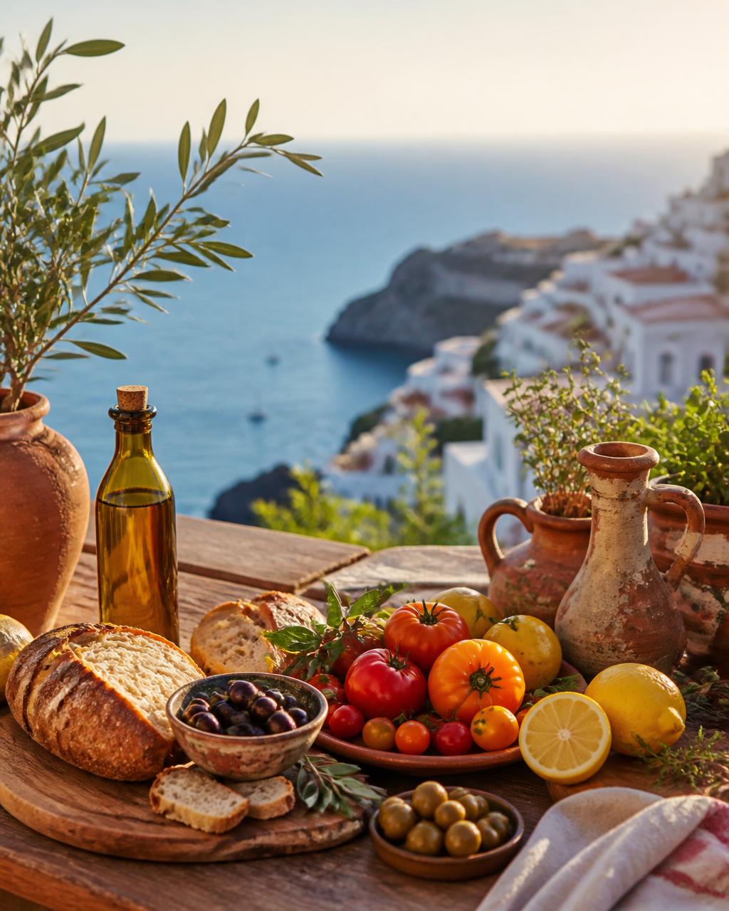 Mediterranean table with fresh vegetables, olive oil and bread overlooking the sea